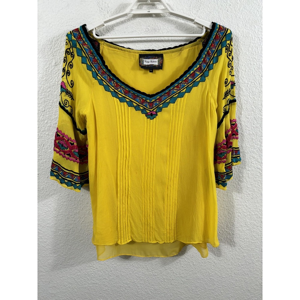 Vintage Collection Shirt Womens XL Yellow Embroidered Boho Peasant Bell Sleeve